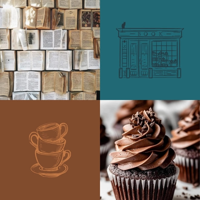 Open books, hand-drawn bookstore and coffee cup illustrations, and chocolate cupcakes – representing the CupcakeBooks concept