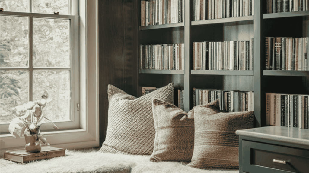 Cozy reading corner with bookshelves and soft cushions near window